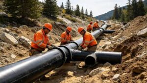 Workers installing large black HDPE pipes at a construction site for water infrastructure projects in Southeast Asia