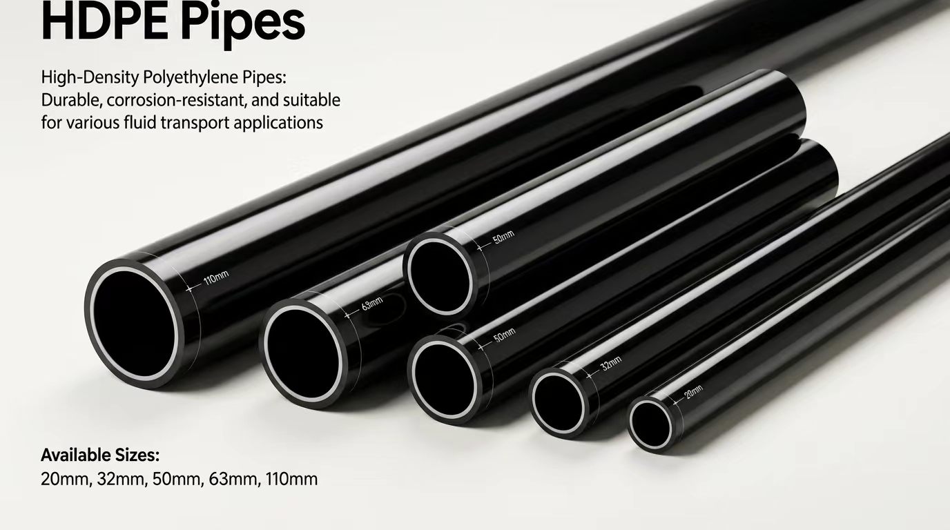Black HDPE pipes in various sizes for water supply infrastructure