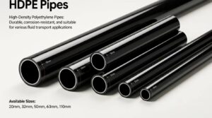 HDPE pipe construction site: workers installing large-diameter black HDPE pipelines for water infrastructure projects